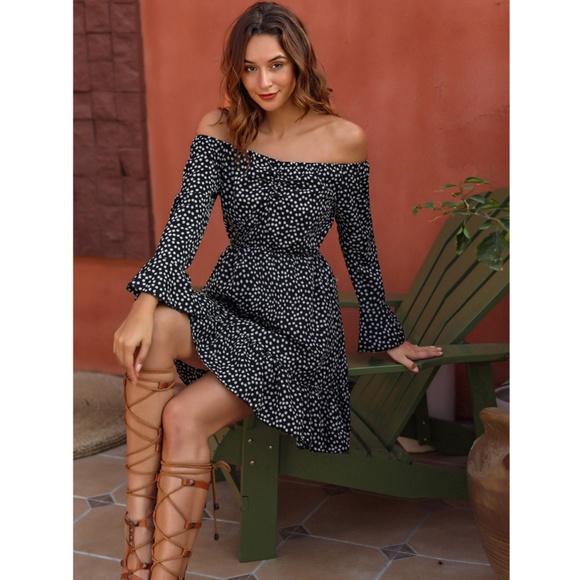 Off Shoulder Black Floral Mini Dress Long Sleeve - Picture 6 of 8